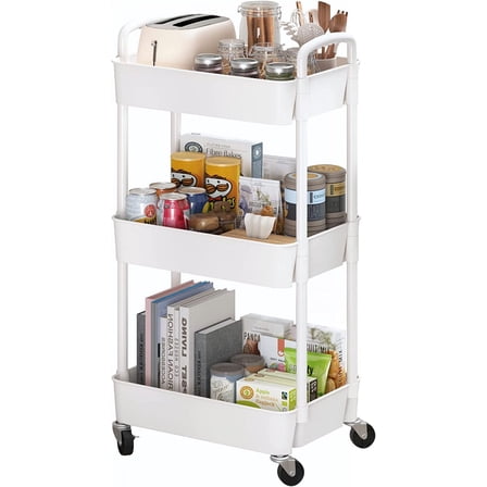 3-Tier Plastic Rolling Utility Cart with Handle, Multi-Functional Storage Trolley for Office, Living Room, Kitchen, Movable Storage Organizer with Wheels, White