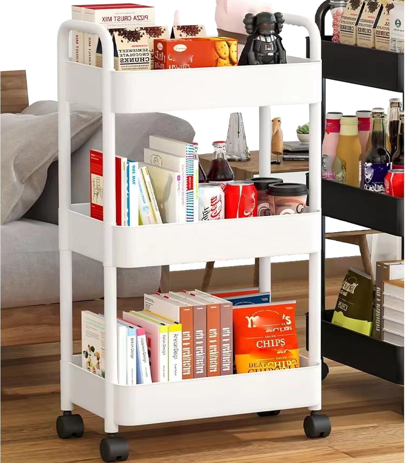 5 Tier Verstelbare Rolling Utility Cart voor Kantoor Woonkamer Keuken en School Multifunctionele Plastic Boekenplank Kar met Wielen (Wit