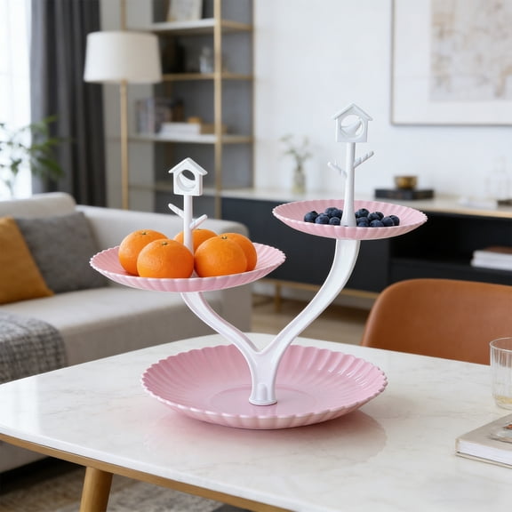 3-Tier Plastic Serving Tray, 9.84in Shell-Shaped Bottom Platter, Fruit Snack Candy Stand for Wedding Party Home Use, Pink