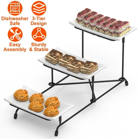 3-Tier Plastic Serving Tray Dessert Server Display Serving Stand Dinnerware with 3 Rectangular Plastic Serving Platters Metal Stand