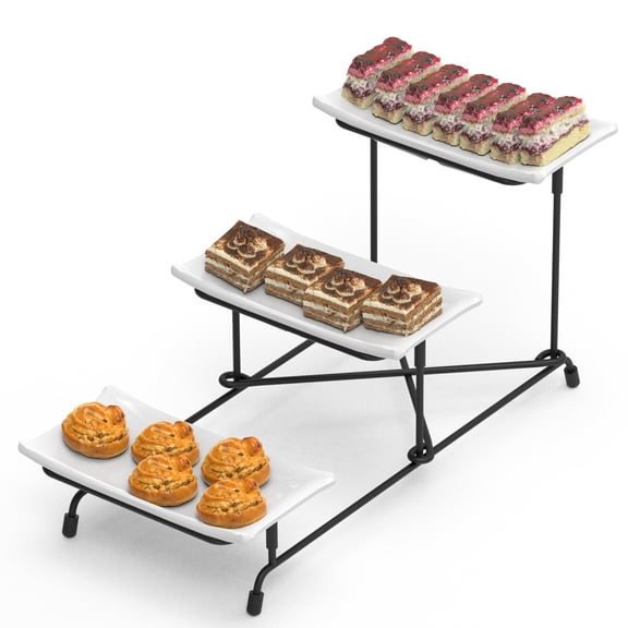3-Tier Plastic Serving Tray with Metal Stand - Dessert and Dinnerware Display for Entertaining