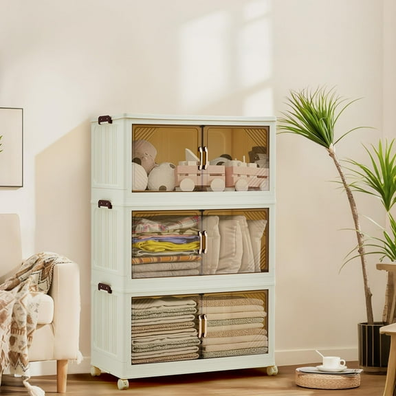 3 Tier Plastic Storage Bins with Lid 81QT, Stackable Storage Containers with Wheels, Folding Storage Boxes, with Magnetic Doors for Home,Office, Dorm Room