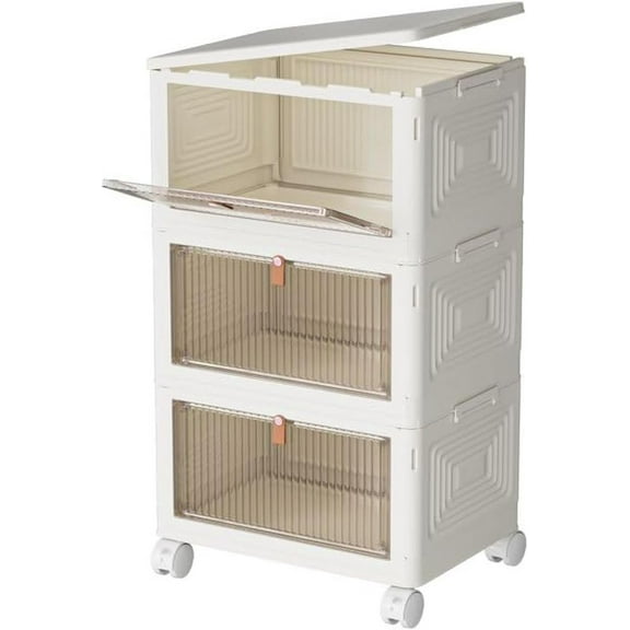 3 Tier Plastic Storage Bins with Lids 23QT, Stackable Storage Containers with Wheels, Folding Storage Boxes, Collapsible Storage Bins, Closet Organizers and Storage for Living Room,Office,Dorm