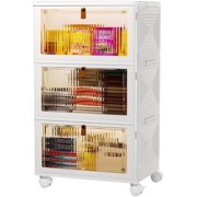 3 Tier Plastic Storage Bins with Lids 34QT, Stackable Storage Containers with Wheels, Folding Storage Boxes, Collapsible Storage Bins, Closet Organizers and Storage for Living Room,Office,Dorm