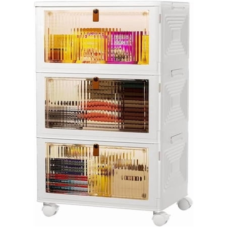 3 Tier Plastic Storage Bins with Lids 35QT, Stackable Storage Containers with Wheels, Folding Storage Boxes, Extra Large Collapsible Storage Bins, White