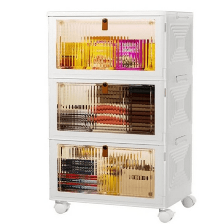 3 Tier Plastic Storage Bins with Lids 35QT Stackable Storage Containers with Wheels Folding Storage Boxes Extra Large Collapsible Storage Bins White