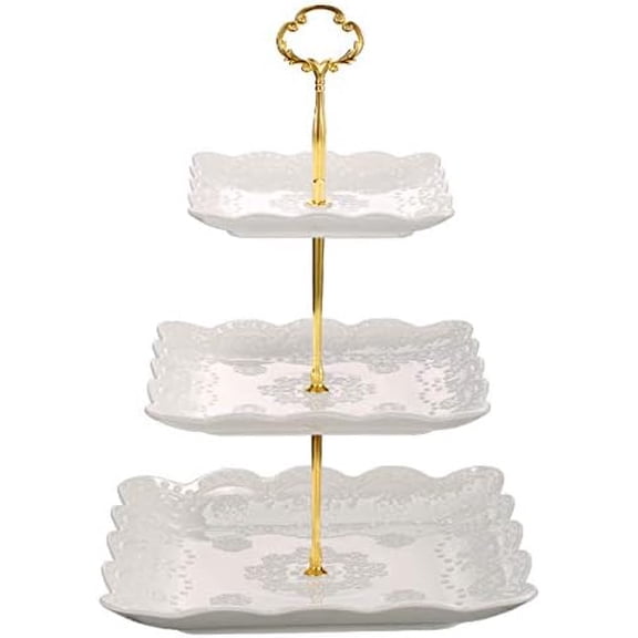 3 Tier Porcelain Cupcake Stand, Tiered Serving Cake Stand, Square White Embossed Dessert Stand, Weddings Parties Pastry Serving Tray