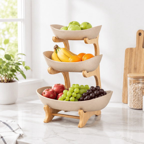 3 Tier Porcelain Fruit Basket Ceramic Bowl Set for Kitchen Counter, Veggie, Snack, and Bread Storage