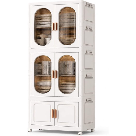 3-Tier Portable Folding Armoire with Hanging Rods, Storage Bin & Wheels