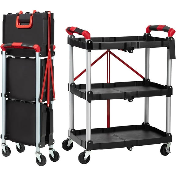 3-Tier Portable Folding Utility Cart with Wheels - 56 Lbs Capacity Per Shelf | Collapsible Rolling Service Cart for Home, Office, Garage, Warehouse & Restaurant(No Assembly Required)