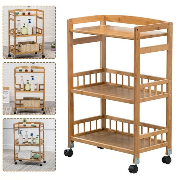 3 Tier Portable Kitchen Storage Rack Bamboo Serving Rolling Cart Removable Tray with Wheels Space Saving Sturdy Durable Design