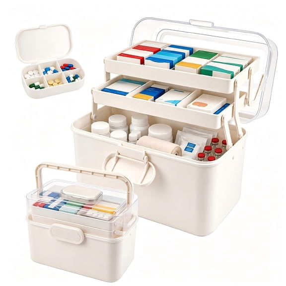 3-Tier Portable Medicine Organizer Box with Handle, Travel & Home Pill Storage Case, White