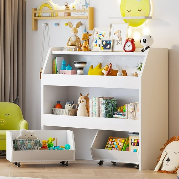 3-Tier Portable Toy Storage, Kids Toy Organizer W/2 Removable Bins with 4 Wheels（White)