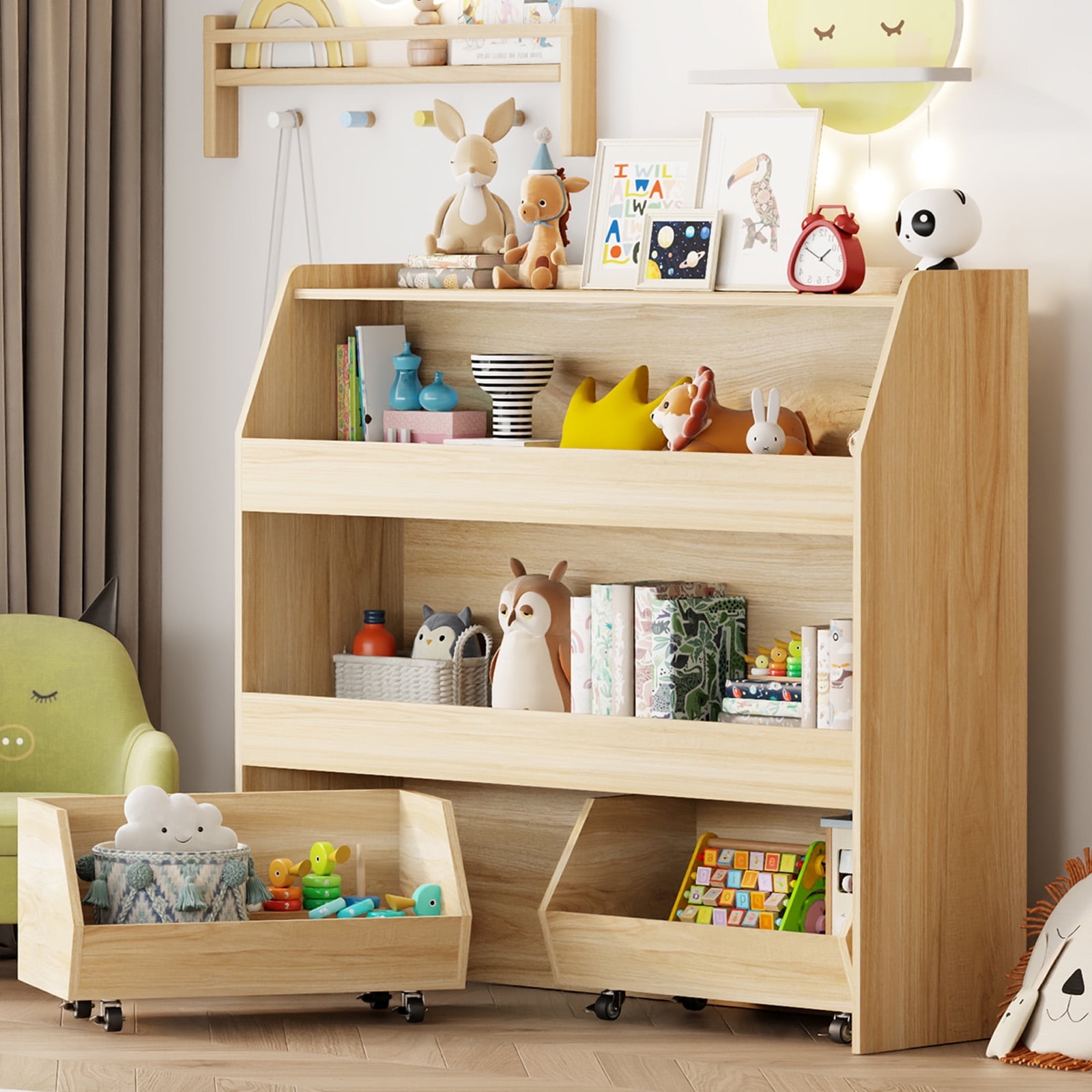 3-Tier Portable Toy Storage, Kids Toy Organizer W/2 Removable Bins with 4 Wheels（Wood)