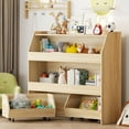 thumbnail image 1 of 3-Tier Portable Toy Storage, Kids Toy Organizer W/2 Removable Bins with 4 Wheels（Wood), 1 of 10