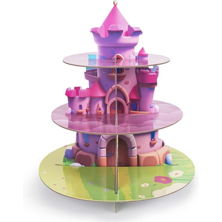 3 Tier Princess Cupcake Stand Princess Birthday Party Cardboard Cupcake Holder Decorations Pink Castle Party Dessert Tower Princess Party Supplies for Kids Pink Themed Baby Shower