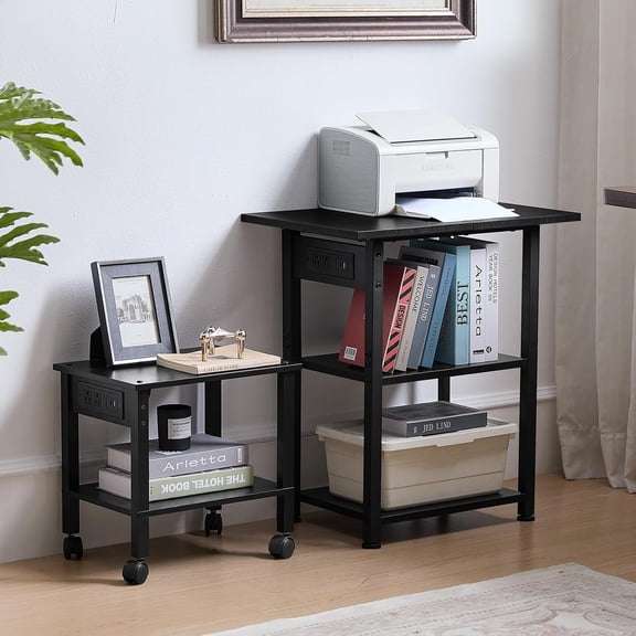 3-Tier Printer Stand with Charging Station, Industrial Mobile Printer Table with Storage Shelf and Steel Frame, Rolling Printer Cart Holder with Lockable Wheels for Home, Office (Black)