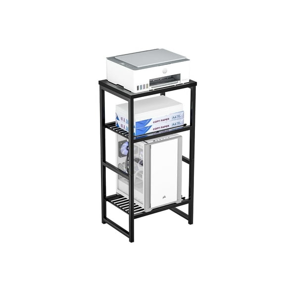 SUFAUY 3-Tier Printer Stand, Metal Shelving Unit for Under Desk with Wood Desktop, Black