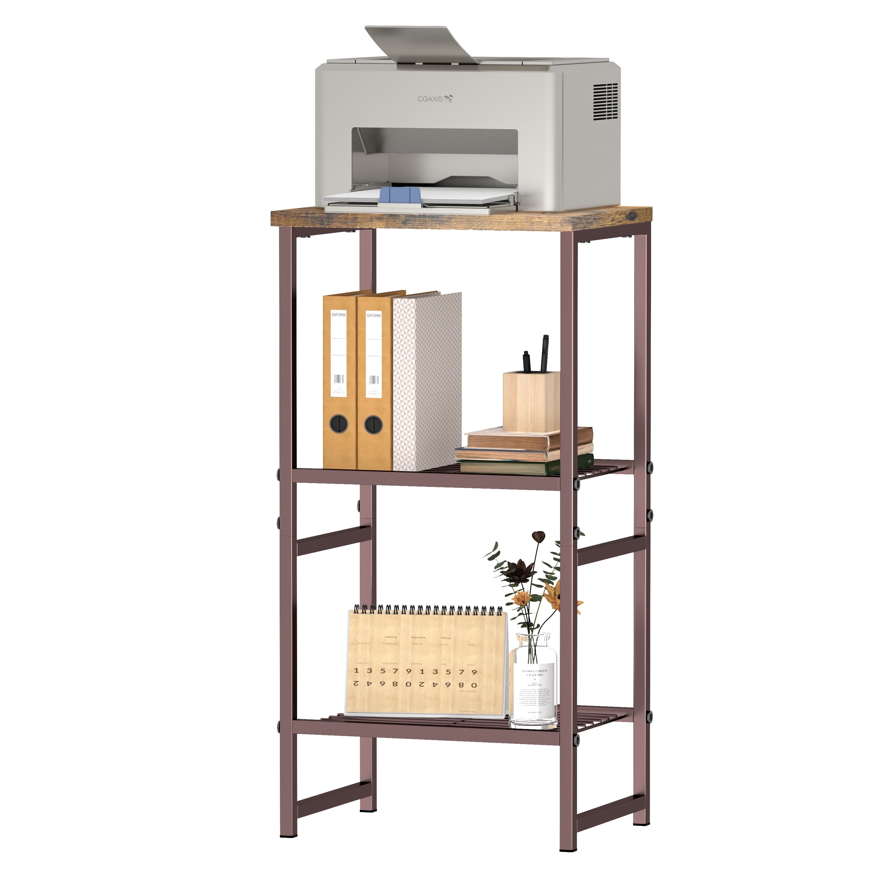 SUFAUY 3-Tier Printer Stand, Metal Shelving Unit for Under Desk with Wood Desktop, Brown