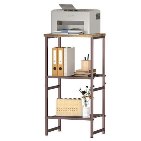 SUFAUY 3-Tier Printer Stand, Metal Shelving Unit for Under Desk with Wood Desktop, Brown