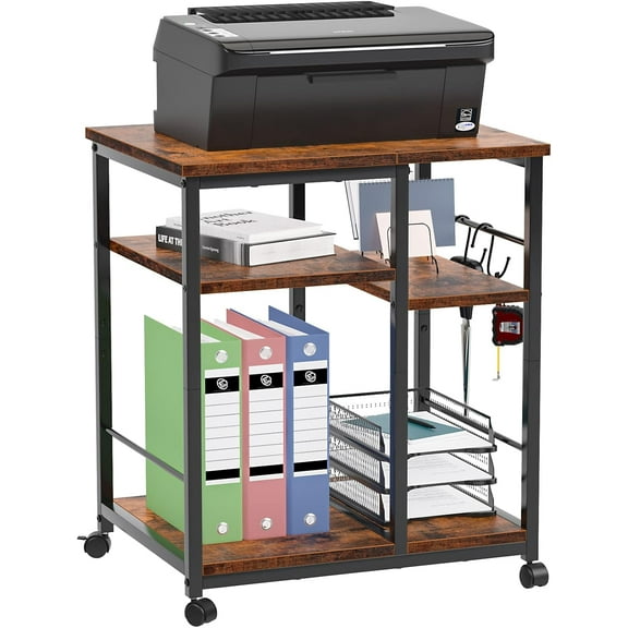 3 Tier Printer Stand for Home Office Organization, Mobile Printer Cart with Wheels and 2 Hooks, Under Desk Shelf with Storage, for Living Room, Kitchen, Rustic Brown