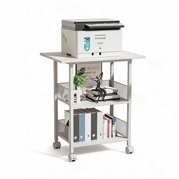 3-Tier Printer Stand, Industrial Mobile Printer Table with Storage Shelves, Heavy Duty Rolling Printer Cart on Wheels with Lockable Casters, Anti-Fall Guardrail, Waterproof Board, for Home Office