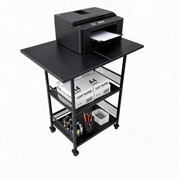 3-Tier Printer Stand, Industrial Mobile Printer Table with Storage Shelves, Heavy Duty Rolling Printer Cart on Wheels with Lockable Casters, Anti-Fall Guardrail, Waterproof Board, for Home Office
