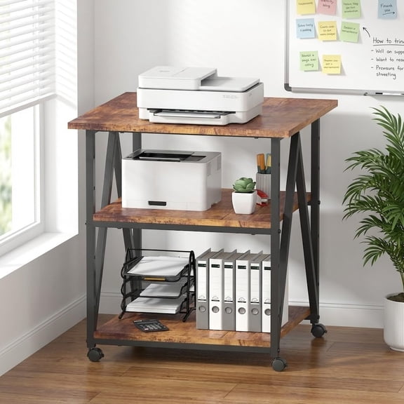 3-Tier Printer Stand, Large Printer Table with Storage, Industrial Printer Storage Cart with Wheels, Rolling Printer Stand for Heat Press Scanner Fax, Brown