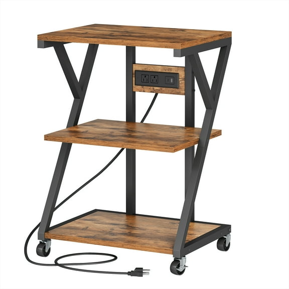 3-Tier Printer Stand, Printer Stand with Wheels, Standing Storage Rack with Charging Station, Movable Printer Table, for Living Room, Kitchen, Home Office, Rustic Brown and Black BF33UPS01