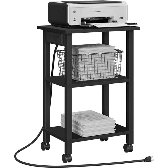 3 Tier Printer Stand, Rolling Printer Cart with Power Outlets and USB Ports, Mobile Printer Table with Wheels, for Under Desk, Office, Home, Black