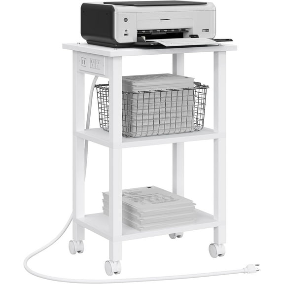 3 Tier Printer Stand, Rolling Printer Cart with Power Outlets and USB Ports, Mobile Printer Table with Wheels, for Under Desk, Office, Home, White