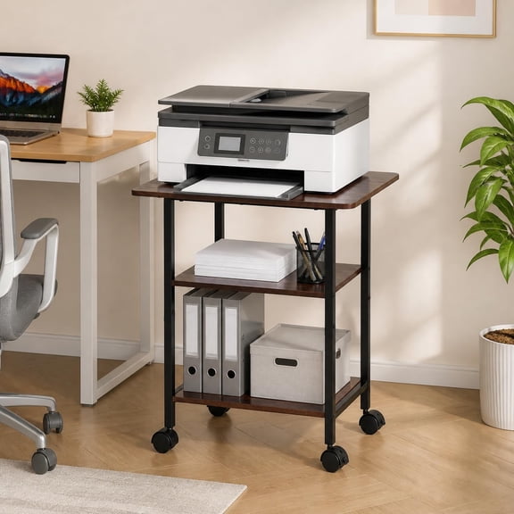 3-Tier Printer Stand with Wheels, Industrial Mobile Printer Cart with Storage Shelf for Home Office Organization, 3D Printer, Side Table for Living Room, Bedroom, Rustic Brown