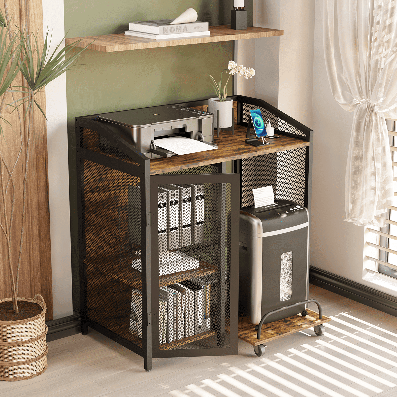 Printer Stand With Charging Station And USB Ports, Large Printer Table Storage Shelf Black Rolling Cart Wheels Home Office File Cabinet Pc Tower Shredder