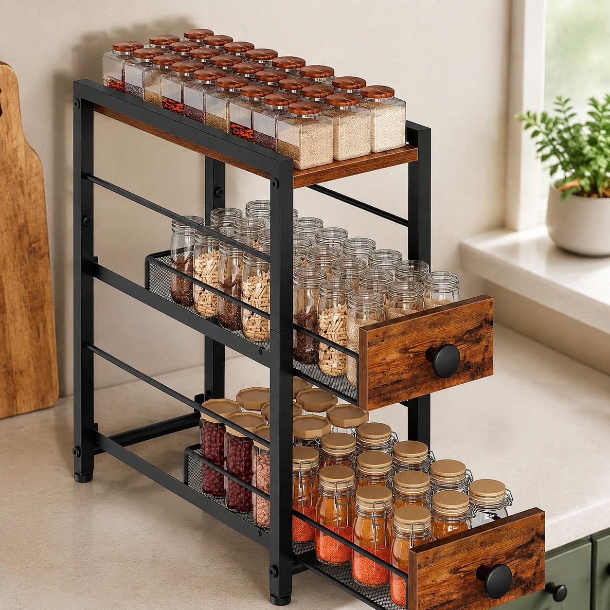 3-Tier Pull Out Spice Rack Organizer with 2 Drawers, Narrow Kitchen