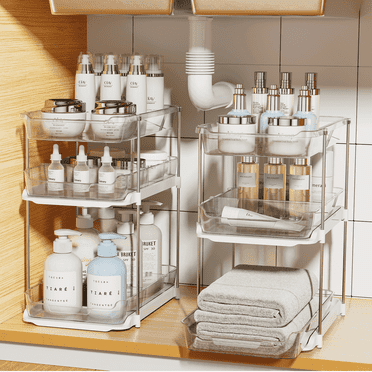 3 Tier Pull-Out Under Sink Organizer Storage, Delamu Bathroom Stackable Pantry Counter Sliding Cabinet Organization and Storage, 2 Sets