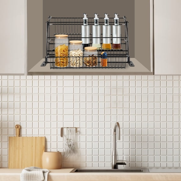 3 Tier Pull down Cabinet Spice Rack Organizer,Metal Storage Shelf Black for Kitchen,Bedrooms, Offices