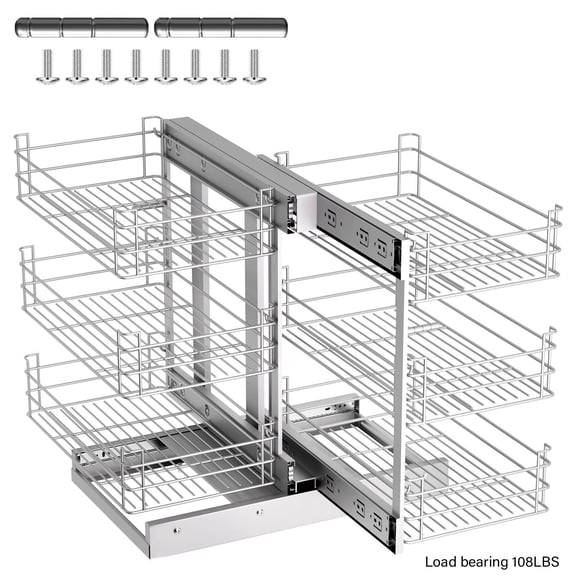 3 Tier Pullout Shelf Organizer for Blind Corner Kitchen Bathroom Cabinets with Soft-Close, 45" Adjustable Shelves Pull Out Shelves For Kitchen Cabinets , Chrome