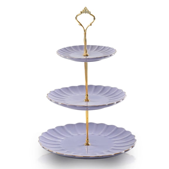 3 Tier Purple Ceramic Cake Stand Dessert Cupcake Serving Platter for Tea Party Wedding