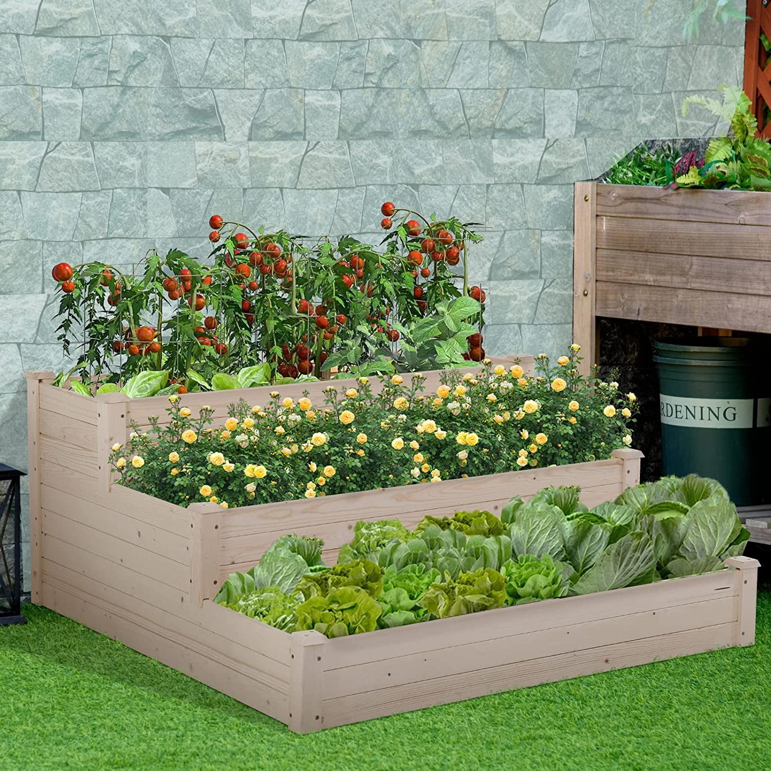 3-Tier Raise Garden Bed, Elevated Garden Bed Kit Wooden Planter Box 48x48x22 inch Elevated Planter Box for Plants Herbs Vegetables, Natural