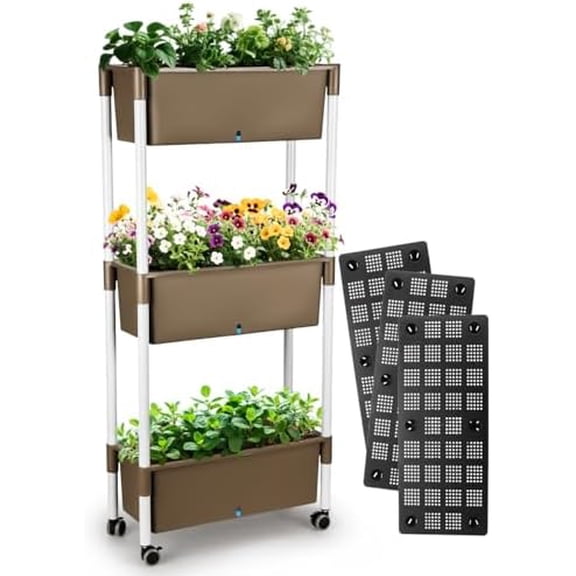 3-Tier Raised Garden Bed with Drainage Holes & Water Level Window - Rectangular Plastic Planter Stand on Wheels, 10L Soil per Pot, Outdoor Indoor Plant Stand for Flowers Herbs Vegetables