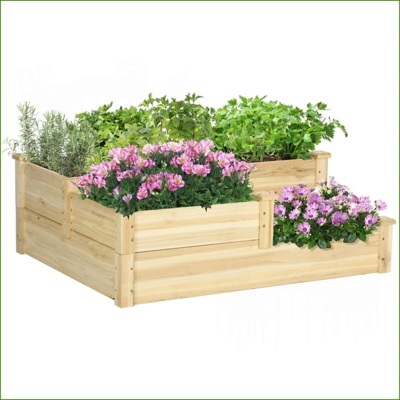 3 Tier Raised Garden Bed, Outdoor Planter Box with Open Bottom for Veggies Herbs Flowers | 42.5x34.75x14.25 Solid Fir | Natural | Wood