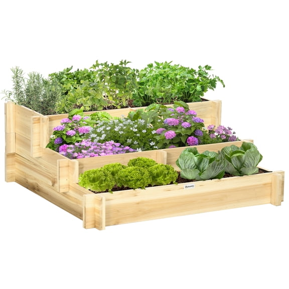 3 Tier Raised Garden Bed, Water Draining Fabric for Soil, Elevated Wood Flower Box for Vegetables, Herbs, Natural