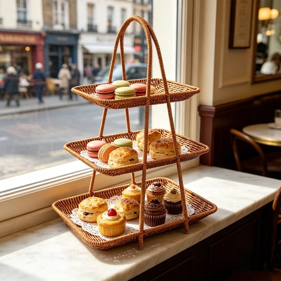 3 Tier Rattan Serving Basket Wicker Snack Tray Rectangular Woven Food Display Stand for Cupcake Macaron Tea Party Kitchen Home Decor 10.2x9.4x7.5 Inch