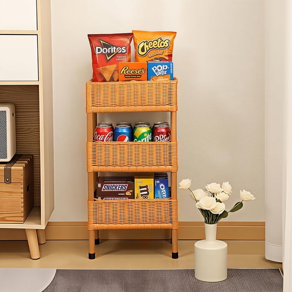 3-Tier Rattan Shelving - Hand Woven Rattan Storage Rack Cabinet & Laundry Basket Stand Multi-Functional for Bedroom Living Room | Home Organization Essential (Brown, 23.62 * 7.87 * 11.81in)