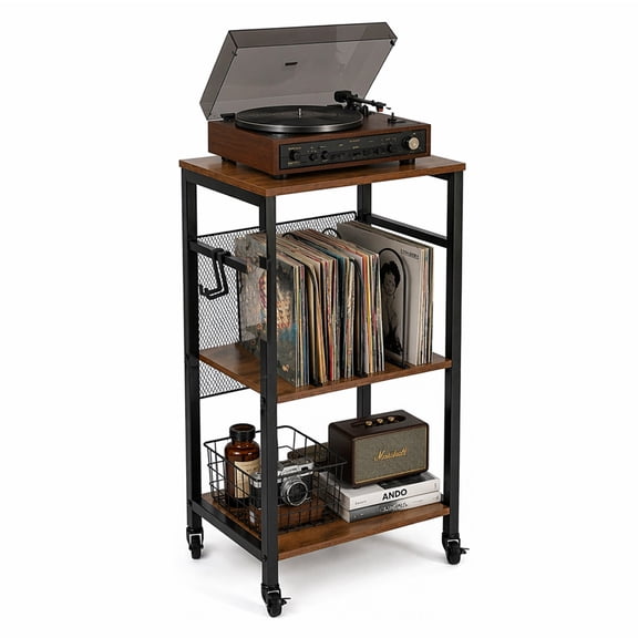 3 Tier Record Player Stand with Mobile Lockable Casters, Rolling Turntable Stand Holds Up to 120 Albums, Multifunctional Record Storage End Table for Living Room Bedroom Audio Station, Rustic Brown