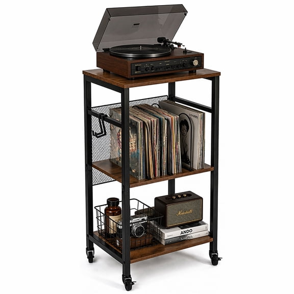 3 Tier Record Player Stand with Mobile Lockable Casters, Rolling Turntable Stand Holds Up to 120 Albums, Multifunctional Record Storage End Table for Living Room Bedroom Audio Station, Rustic Brown