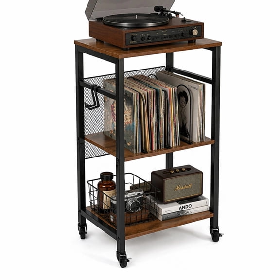 3 Tier Record Player Stand with Mobile Lockable Casters, Rolling Turntable Stand Holds Up to 120 Albums, Multifunctional Record Storage End Table for Living Room Bedroom Audio Station, Rustic Brown