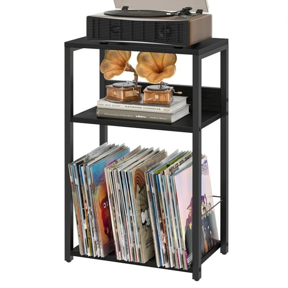 3-Tier Record Player Stand, Movable Bedside Table with Vinyl Record Storage, Sofa End Table, Nightstand for Home, Living Room, Bedroom, Black