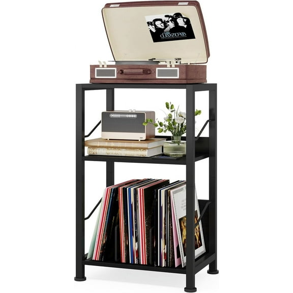 3 Tier Record Player Stand, Retro Vinyl Record Storage End Table Records for Living Room Bedroom (Black)