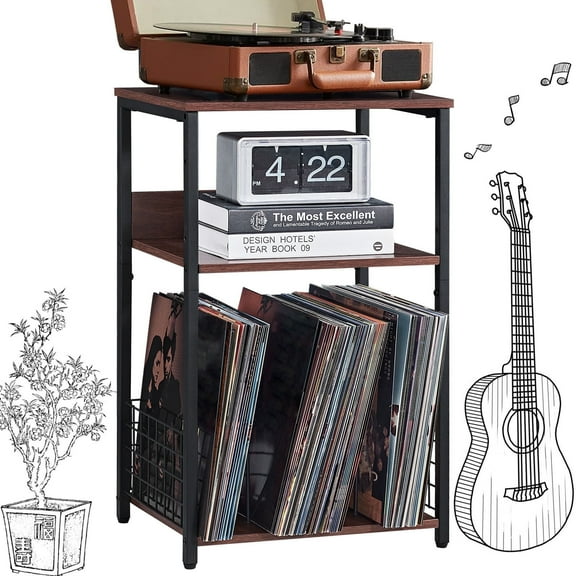 3-Tier Record Player Stand with Storage, Stylish End Side Table Stands for Living Room Area, Sofa Table, Nightstand for Home, Bedroom, Walnut
